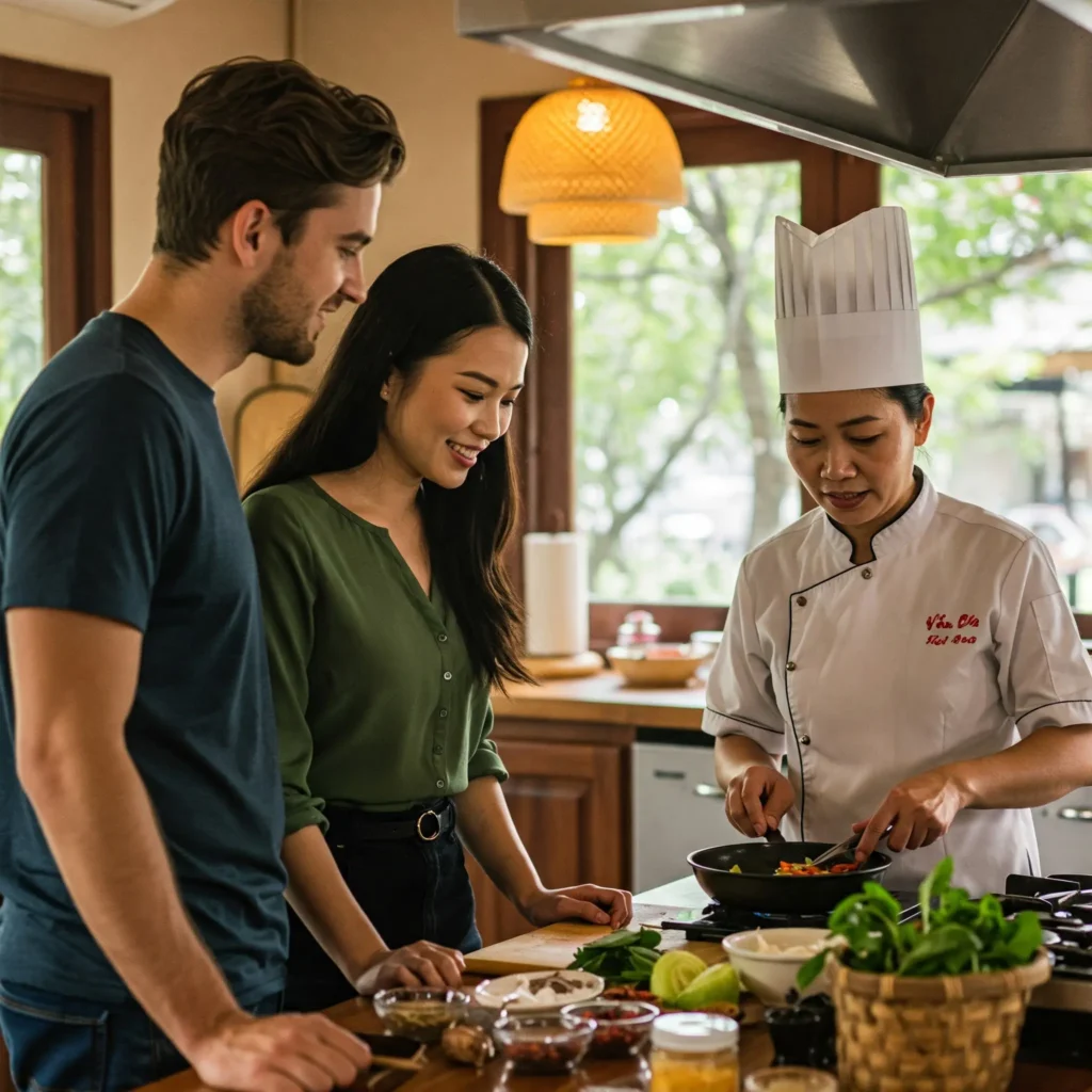 Travellers enjoying a private Vietnamese cooking class – part of a custom Vietnam travel experience