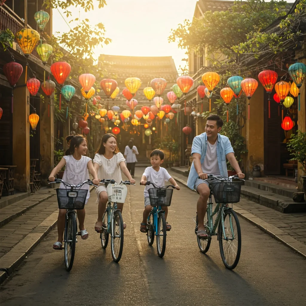 Family riding bikes through Hoi An’s countryside – a custom travel experience